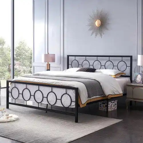 Metal Construction Bed Frame With Circular Design Headboard And Footboard,king Size,black King Bed