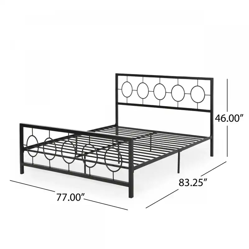 Metal Construction Bed Frame With Circular Design Headboard And Footboard,king Size,black King Bed