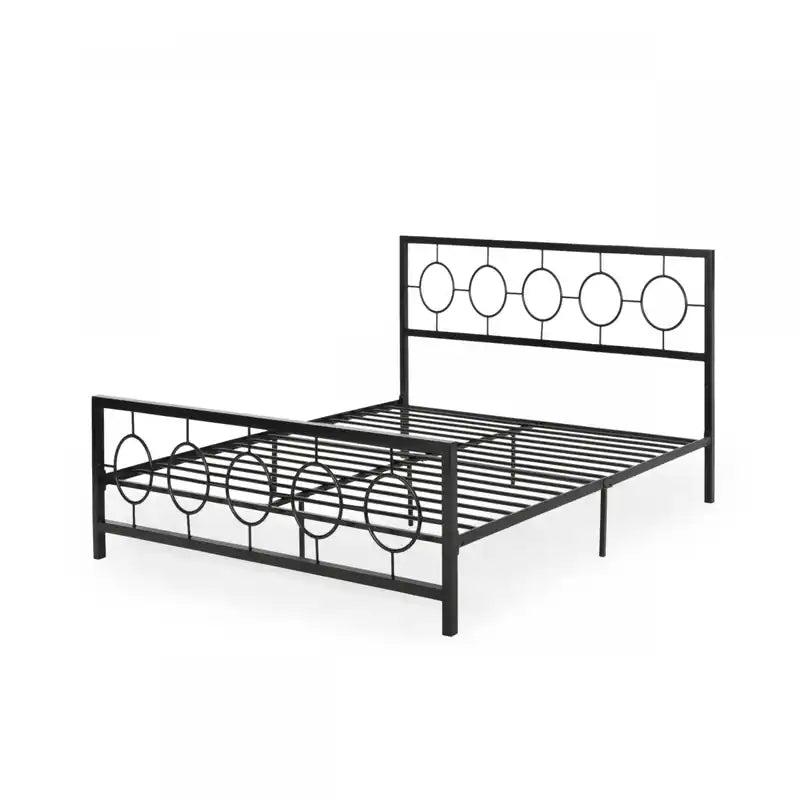 Metal Construction Bed Frame With Circular Design Headboard And Footboard,king Size,black King Bed