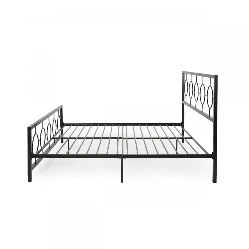 Metal Construction Bed Frame With Circular Design Headboard And Footboard,king Size,black King Bed