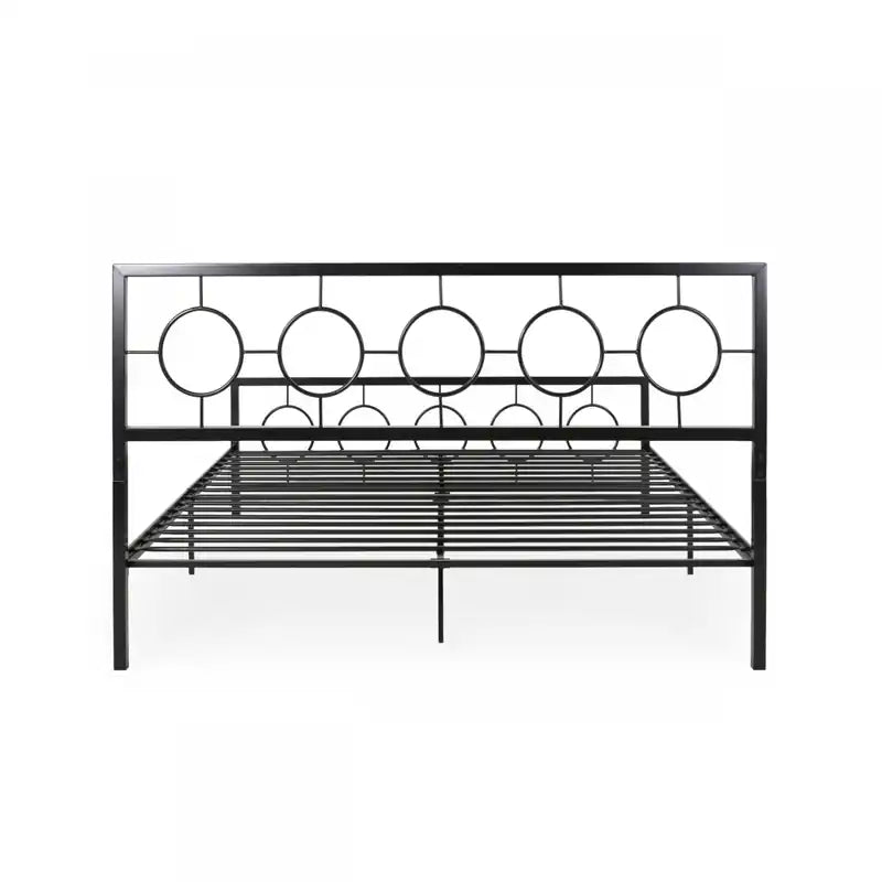 Metal Construction Bed Frame With Circular Design Headboard And Footboard,king Size,black King Bed
