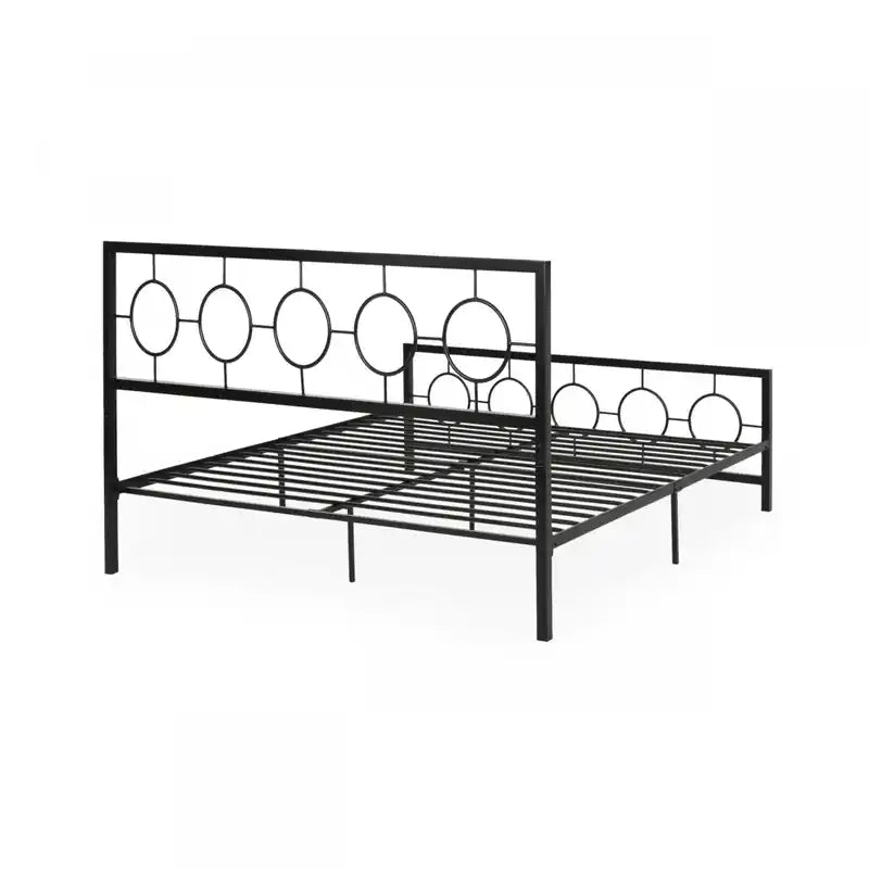 Metal Construction Bed Frame With Circular Design Headboard And Footboard,king Size,black King Bed