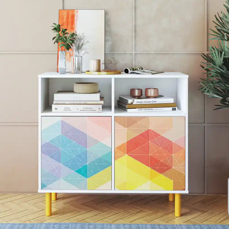 Mid-Century Modern Retro Sideboard with 6 Shelves - White & Multi-Colour