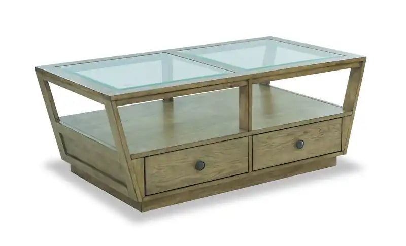 Esme 48 Traditional Glass Top Coffee Table with Storage and Shelf - Light Brown Wood