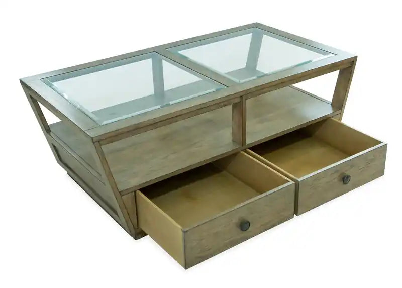 48 Traditional Glass Top Coffee Table with Storage and Shelf - Light Brown Wood
