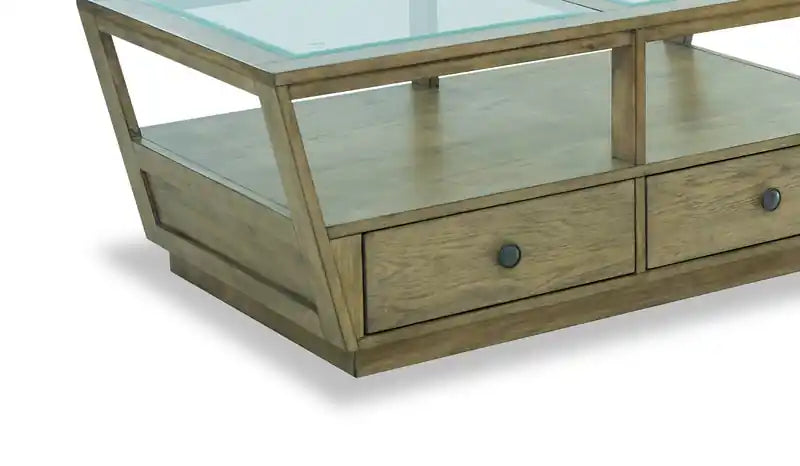 48 Traditional Glass Top Coffee Table with Storage and Shelf - Light Brown Wood