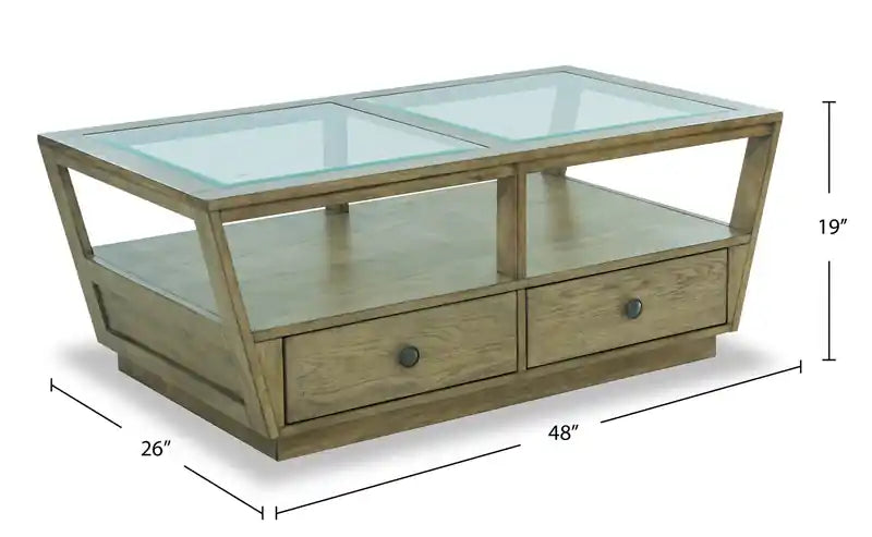48 Traditional Glass Top Coffee Table with Storage and Shelf - Light Brown Wood