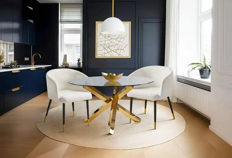 Gem Dining Table with Glass Top, Metal Geometric Base, 55W Round