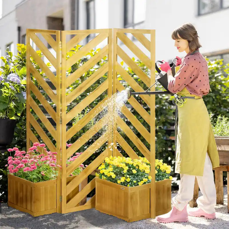 Outdoor Privacy Screen With 4 Planters And 3 Hinged Privacy Panels