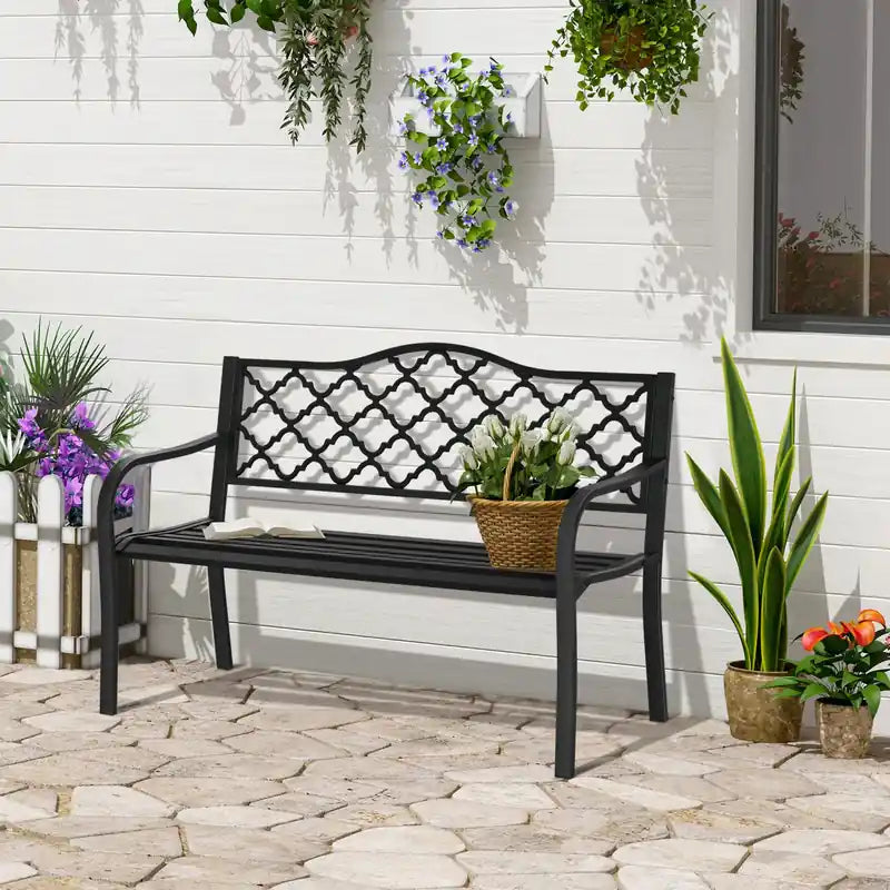 2-seater Garden Bench Steel Outdoor Loveseat W/ Armrests