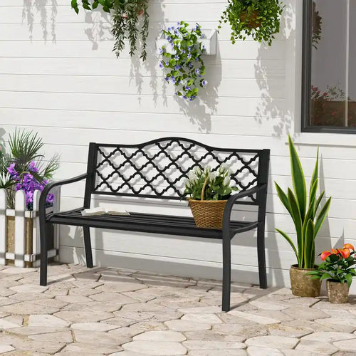 2-seater Garden Bench Steel Outdoor Loveseat W/ Armrests