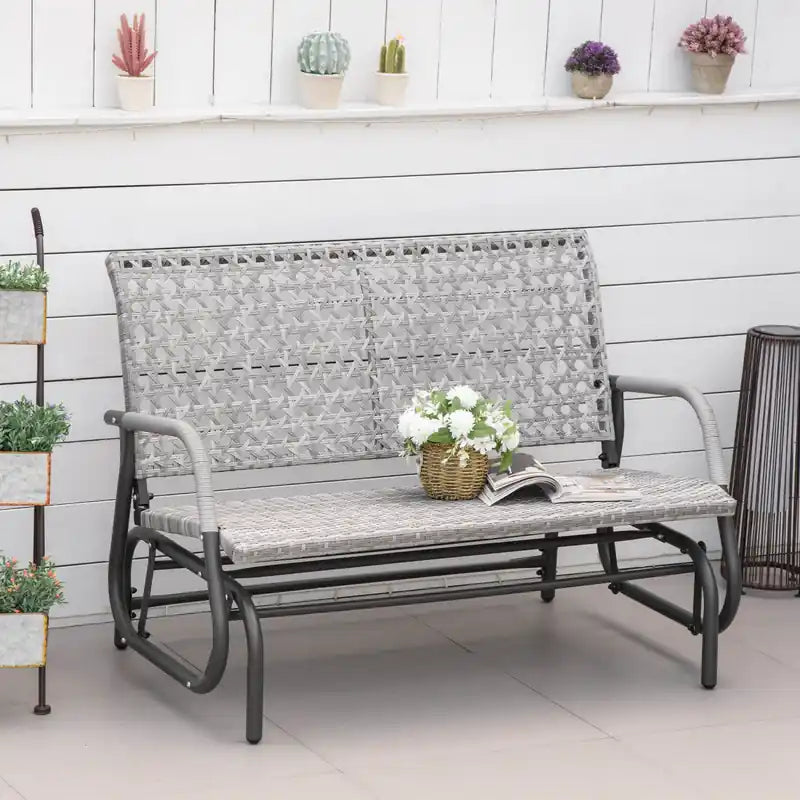 2 Seater Wicker Outdoor Glider Bench, Mixed Grey