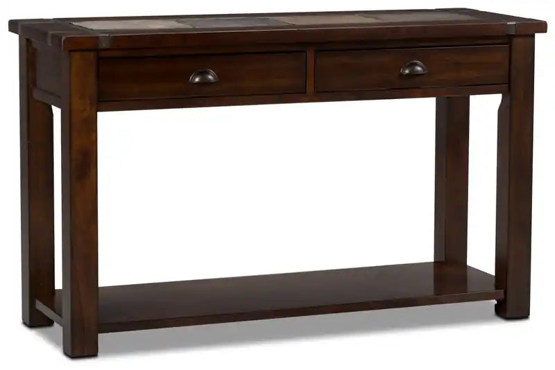 Roanoke 50 Rustic Sofa Table with Storage and Shelf - Dark Cherry Wood and Slate Inlay
