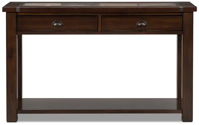 Roanoke 50 Rustic Sofa Table with Storage and Shelf - Dark Cherry Wood and Slate Inlay