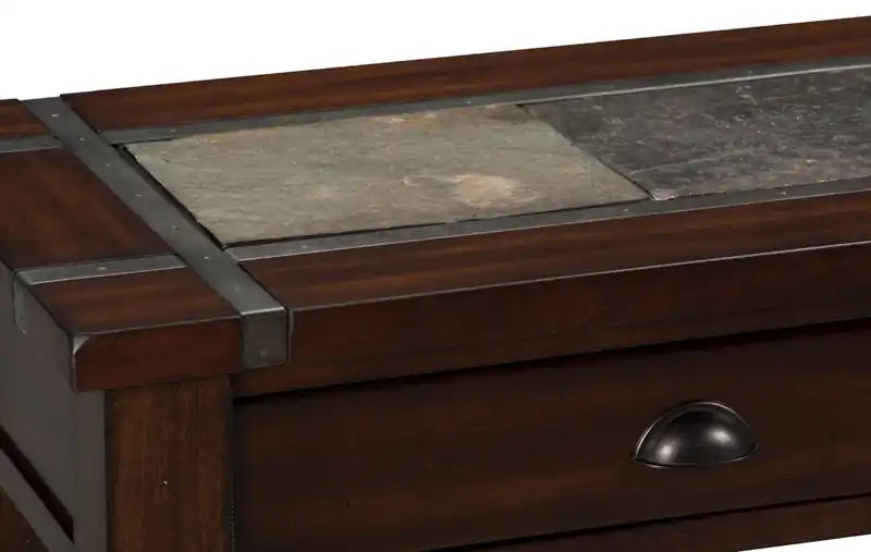 Roanoke 50 Rustic Sofa Table with Storage and Shelf - Dark Cherry Wood and Slate Inlay