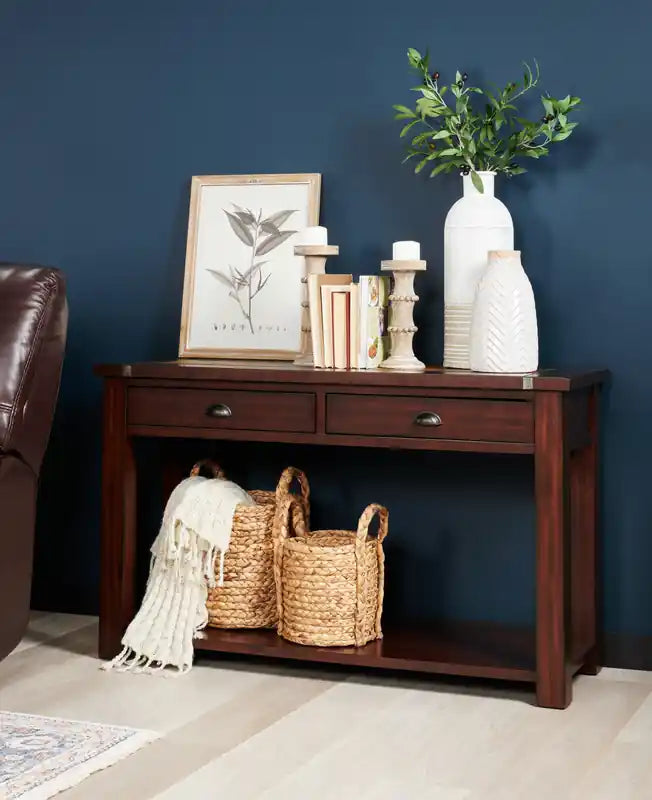 Roanoke 50 Rustic Sofa Table with Storage and Shelf - Dark Cherry Wood and Slate Inlay