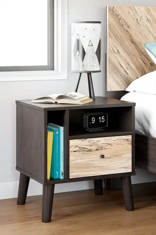 Bedside 1-Drawer Nightstand, 23.7W x 21.9H, Modern Mid-Century - Two-tone Brown & Natural